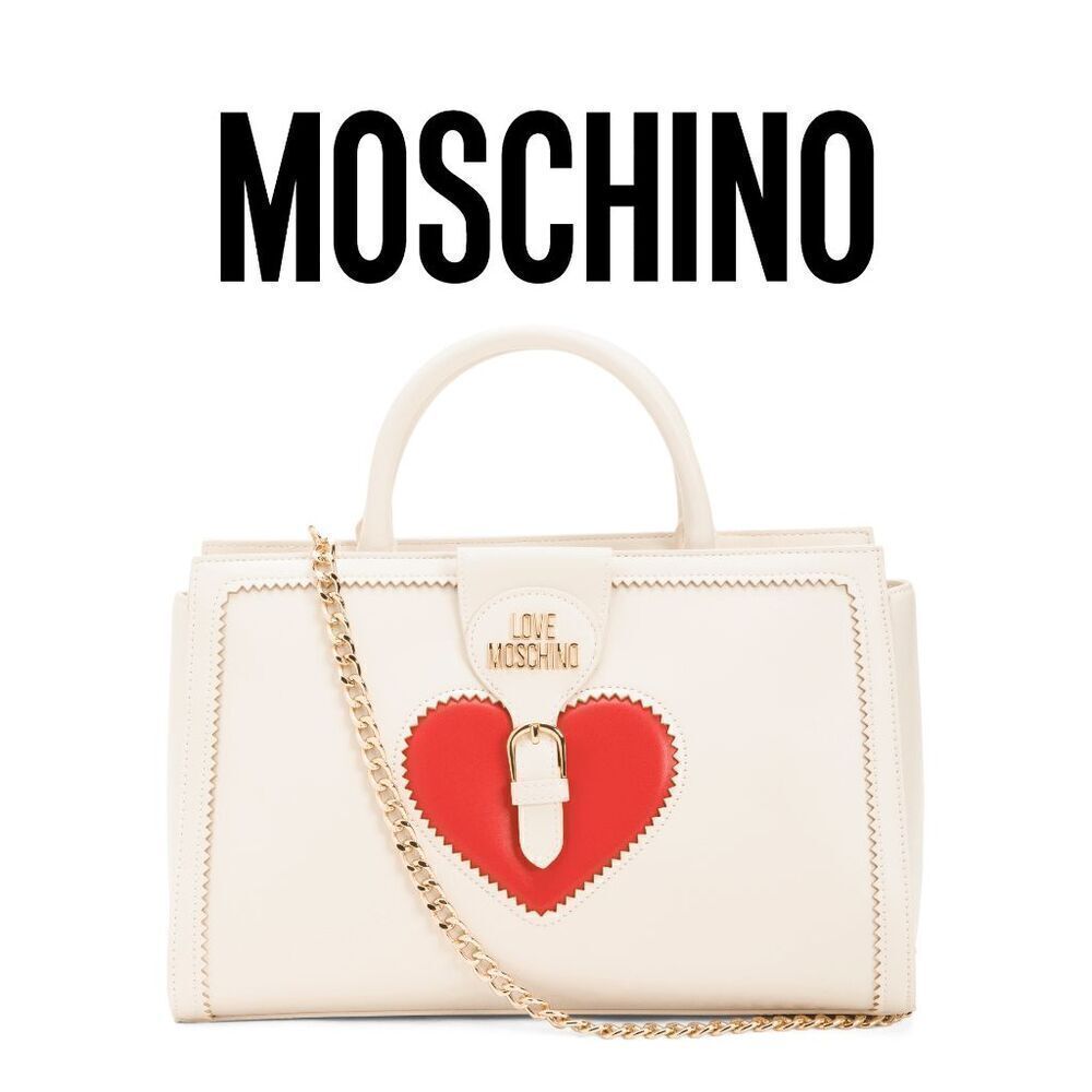 NWT LOVE MOSCHINO Red Heart Beige Satchel Shoulder Handbag MSRP $455